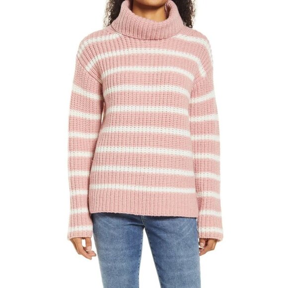 𝅺CASLON Bnwt Pink Striped Turtleneck Sweater Women New Wool Blend - Picture 1 of 7